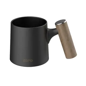 DHPO negro mate taza de café de cerámica con mango de madera