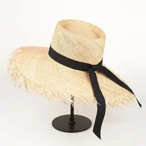 Wholesale Summer Wide Brim Frayed Rough Selvedge Black Ribbon Beach Sunblock Straw Hat