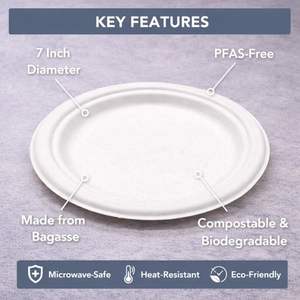 ProTakeOut [7" Redondas] Platos de Bagazo Compostables, Paquete de 1000, Ecológicos, Libres de PFAS, Blancos, Desechables, Aptos para Microondas, Resistentes - Product Image 2