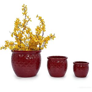 กระถางเซรามิก Mdj Pottery ขนาด 9 12 15 นิ้ว สีแดงเคลือบผิวแบบมีลาย รูปทรงกลอง สำหรับปลูกต้นไม้ในสวน - Product Image 1