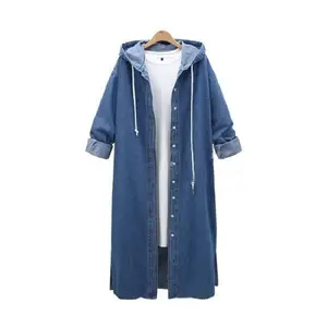 2021 Solid Color Lace Up Hooded Trench Womens Loose Denim Coat Spring Autumn Fashion Long High Street Style Cardigan Trench 002
