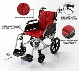 Fauteuil roulant de voyage compact pour personnes âgées et adultes, cadre en alliage d'aluminium, chaise pliante de transport avec freins à main doubles pour les soignants - Product Image 1
