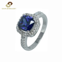 Vente en gros d'anneaux en argent sterling S925 plaqués rhodium, trois pierres, ovales, zircone cubique bleue, bijoux fins pour femmes, anneaux de fiançailles