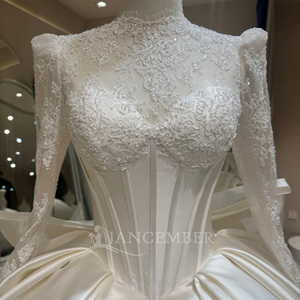 Dw0238 Regal High Neck Lace Illusion Long Sleeve Boned Corset Plain Ivory Satin Ball Gown <b>Wedding</b> Dress Jancember - Product Image 5