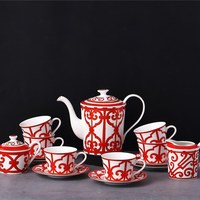 Venta caliente platillo de taza de té chino grupo rojo creativo patrón extraordinario platillo de taza de té grupo de platillo de Taza de cerámica grupo de café