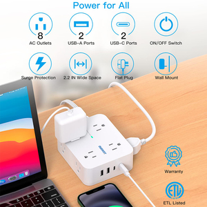 Soxono điện đa năng Strip: 8 AC + 4 cổng USB (2A + 2C), cắm phẳng, ETL được liệt kê, tường mountable - Product Image 2