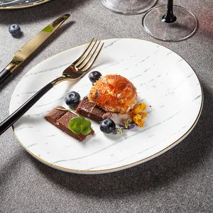 Factory direct Yayu cheap ceramic dinner plate oval with gold rimmed steak kitchen restaurant white black porcelain dish