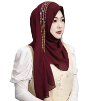NOUVEAU Voile en mousseline de soie avec chaîne de perles, strass et perles pendantes, respirant, de luxe, uni, transparent, pour femmes musulmanes, automne, mariage, fête de l'Aïd