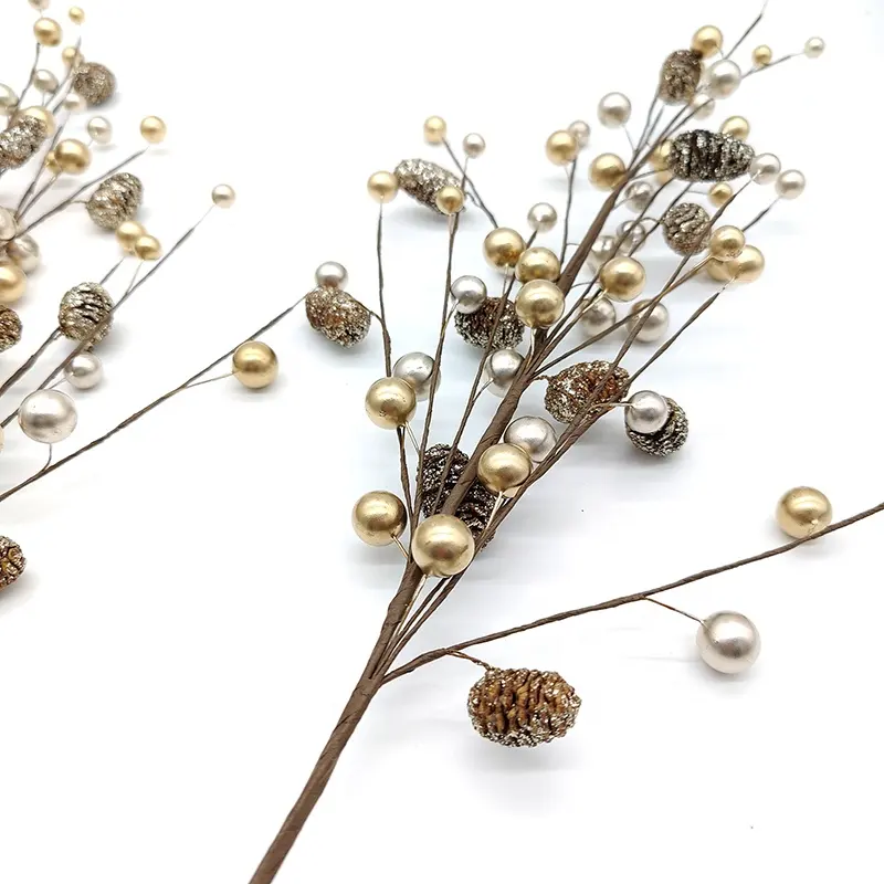 SYART – accessoires exclusifs de décoration de noël pour la maison, pomme de pin en argent, baies dorées, trois branches sèches