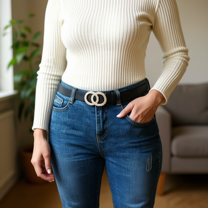 Cintura Angelina con fibbia a doppio cerchio da 3 cm in PU 3X110 per donna, accessorio moda per jeans - Product Image 3