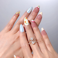 Faux ongles à presser en acrylique, motif fruits colorés à rayures dessinés à la main (cerise, fraise, orange), forme amande, longueur moyenne, 10 pièces