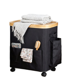 Fabric Wheeled Laundry <b>Basket</b> <b>Rectangle</b> Black And Off White Collapsible Clothing Organizer With Wheels For Bathroom <b>Storage</b> - Product Image 5