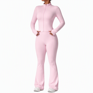 <b>Women</b> Premium Soft Pink Two Piece Yoga Set with Long Sleeve Zip Up <b>Jacket</b> Thumb Holes and High Waist Flared Bell Bottom Pants - Product Image 1