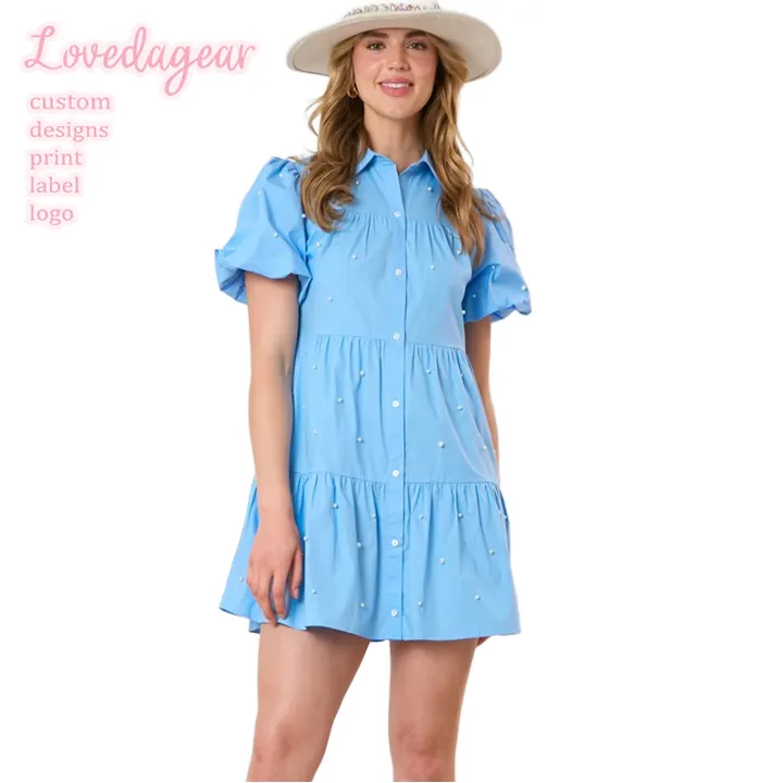 Loveda personnalisé été bouffante à manches courtes lâche décontracté mini robe dames perle garniture couleur unie robes élégantes pour la fête