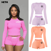 Ensemble short 2 pièces côtelé personnalisé avec logo pour femme, couleur unie, coupe ajustée, décontracté, détail boutonné, respirant, en nylon/coton, grandes tailles