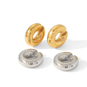 <b>Clip</b>-on Earrings 18K Gold Stainless Steel Textured Hollow Geometric Design For Women Fashion Jewelry - Product Image 3