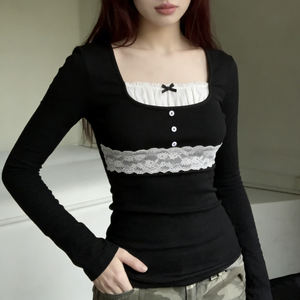 Camiseta Vintage Y2K de Encaje para Mujer, Corte Regular, Cuello Cuadrado, Manga Larga, Tejido Elástico, Casual, Favorecedora, Transpirable y Ecológica - Product Image 1