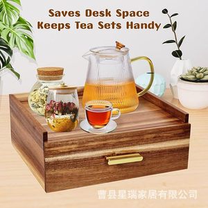Wooden Drawer Storage <b>Box</b> <b>Tea</b> Bag Organizer Rectangular Foldable With Lid Natural Wood Color Standing Type - Product Image 2