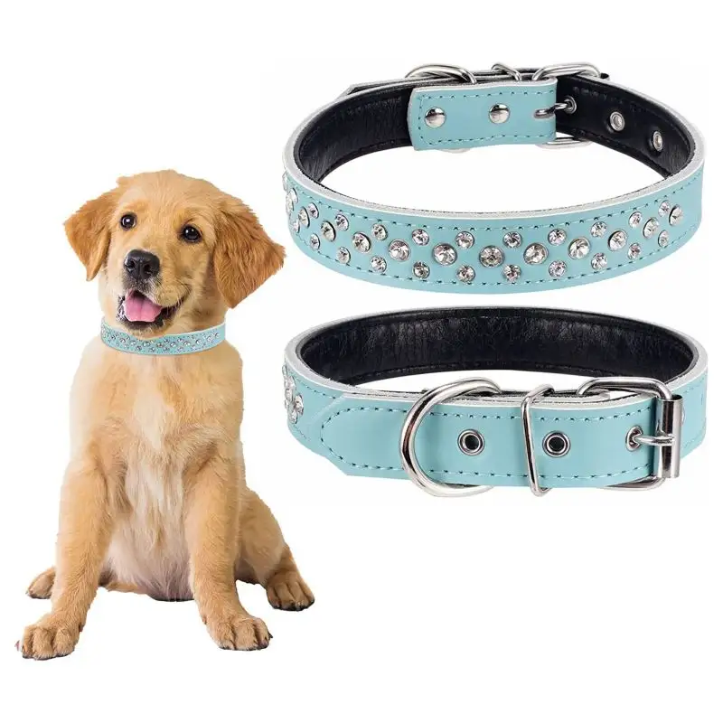 Wholesale Rhinestones Pet Dog Collars Adjustable Sparkly Crystal Studded Genuine Leather Pet Collar for Small and Medium Dog