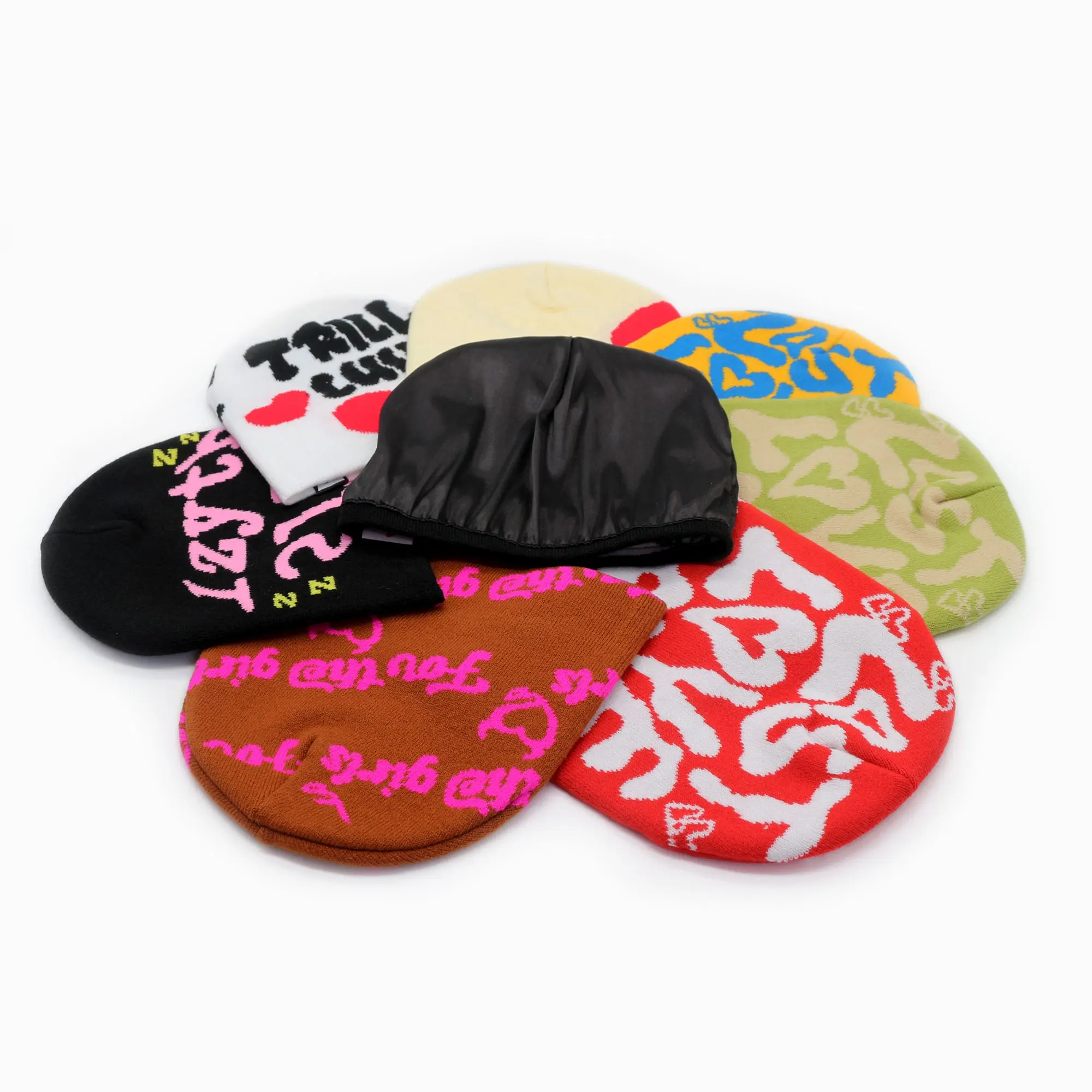 custom logo winter knitted hat logo printed jacquard beanies with satin silk lined