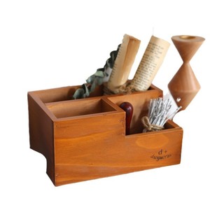 Wooden Desktop Storage <b>Box</b> With Partitions Retro Color Stationery Organizer For Office Supplies And <b>Makeup</b> Brushes - Product Image 3