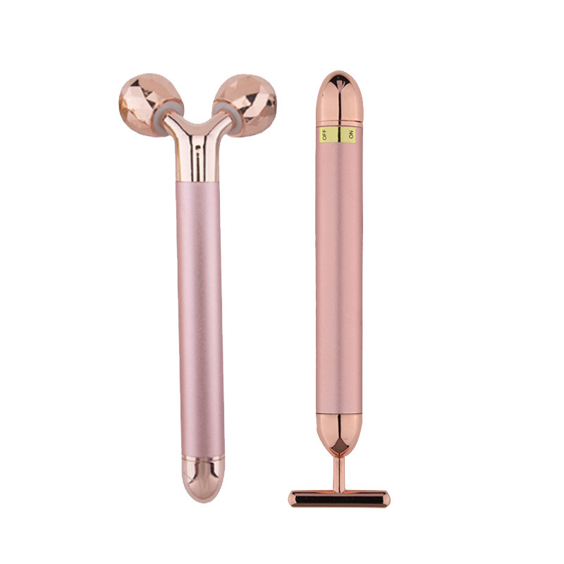 2 Stuks Set 24K Goud Energie Beauty Bar Vibrerende Gezichtsopheffing Huidverzorging T Vorm Elektrische 3d Gezicht Roller Massage