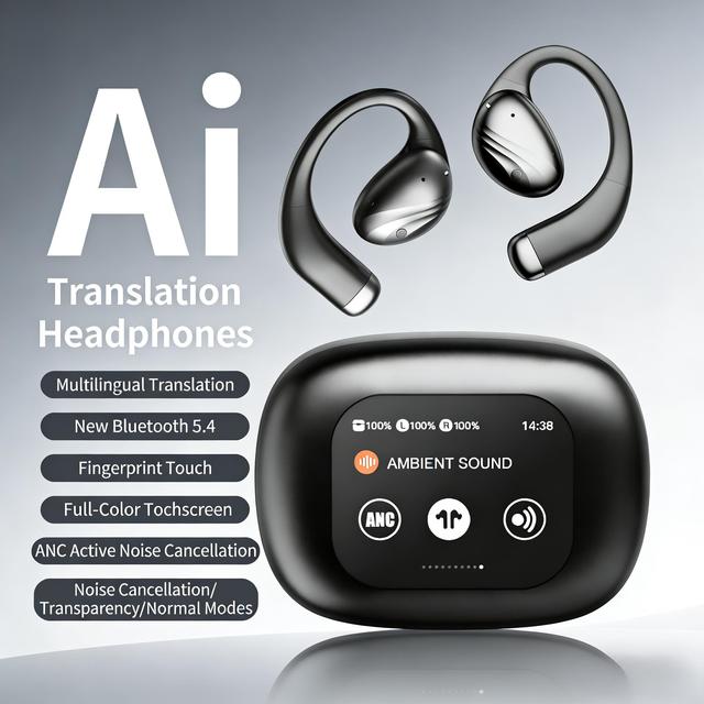 Wireless Semi-in-Ear Headphones for 5.4 Active Noise Cancellation ANC Touch Control Digital Display 8 Hours with AI Translation