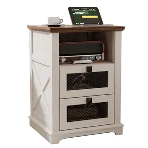 Living Room Furniture Farmhouse Bedside Table Sofa Wooden Coffee Side Table With Mesh Drawers