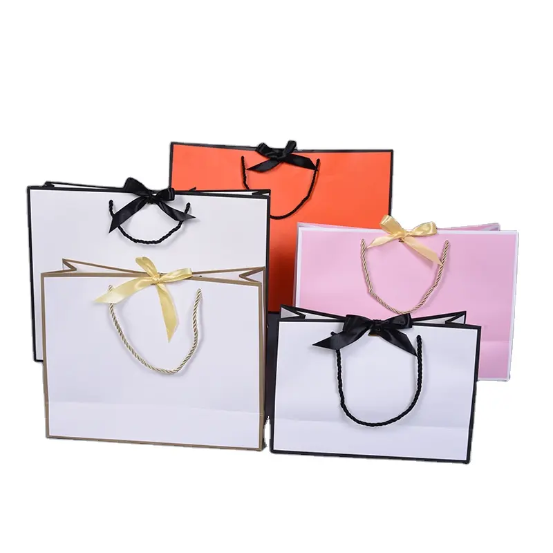 Luxury Reusable Clothing Jewelry Wedding Gift Packaging Bags Boutique Gift Shopping Paper Bags with Ribbon Handles and Bow Tie