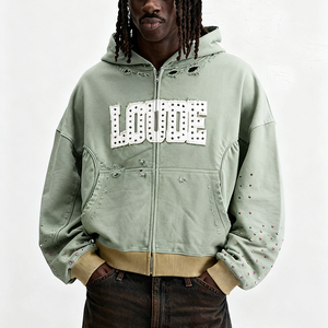 Tùy chỉnh bán buôn Áo Thun quá khổ Zip Up hoodie Boxy <span class=keywords><strong>Fit</strong></span> Rhinestone Thiết kế thời trang dạo phố cộng với kích thước Mens Hoodies & áo nỉ - Product Image 2