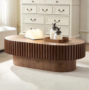 Modern Handcraft Drum Oval Wooden Coffee Table for Living Room <b>Small</b> Sturdy Pedestal Office Set - Product Image 1