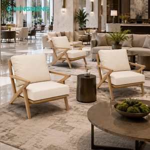 Light Neutral Reception Sofa Set <b>Cane</b> Webbing Wooden Accent <b>Chair</b> Round Stone Coffee Table For Resort Hotel Waiting Lobby Area - Product Image 2