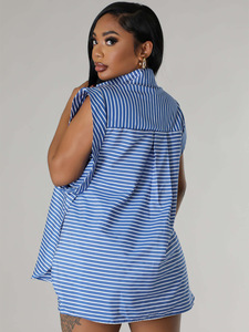T123 verano nueva llegada <span class=keywords><strong>ropa</strong></span> de mujer Turn Down Collar sin mangas Tops y pantalones cortos conjunto moda camisa a rayas mujeres conjunto de dos piezas - Product Image 6