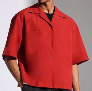 Camisa de lino para hombre Boxy Fit Crop Revere Collar Camisa de bolos de lino <span class=keywords><strong>en</strong></span> rojo Logotipo personalizado Bordado Tallas grandes Camisa abotonada para hombre - Product Image 2