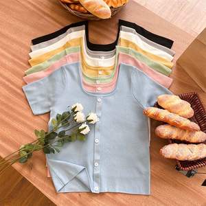 เสื้อสเวตเตอร์ถักแขนสั้นสำหรับผู้หญิงขนาดใหญ่พิเศษเสื้อ N8357ลำลองคอวีกระดุมด้านหน้าสีพื้น - Product Image 1