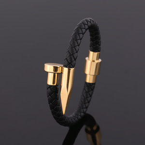 Bracelet en cuir tressé pour homme |   Bracelet en cuir véritable avec extrémité en acier inoxydable doré, noir ou argenté - Product Image 4