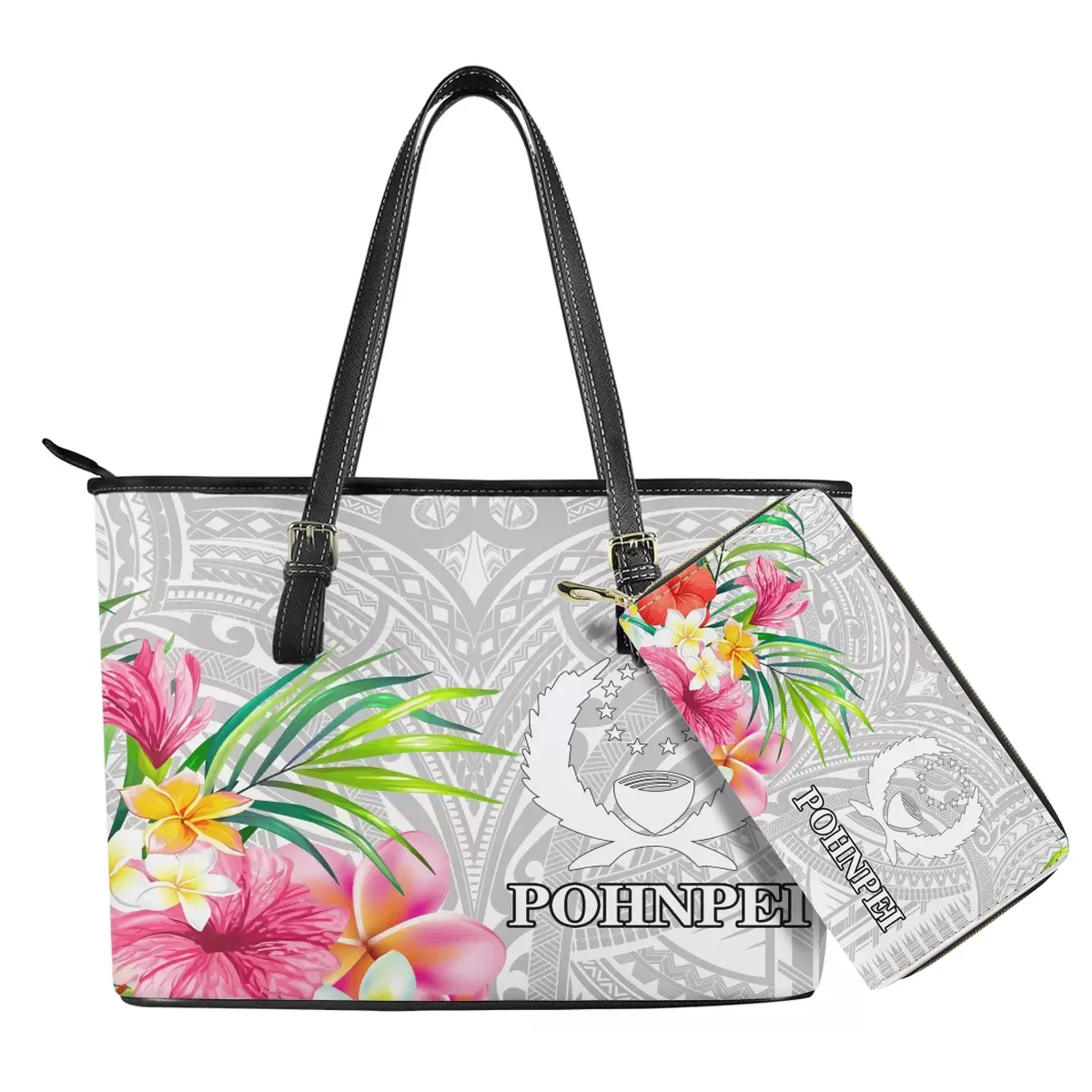 Weiß Pohnpei Tribal Graffiti Design Blatt Blumen druck Damen Hart PU Leder Große Tasche und lange Brieftasche Set Damen Tasche