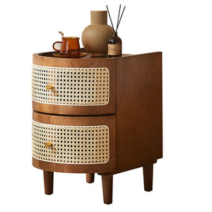 Solid Wood Rattan Bedside Table With <b>Drawers</b> Storage Cabinet Minimalist Nordic Style Nightstand For Bedroom - Product Image 5