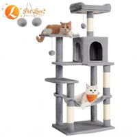Arbre à chat moderne de luxe en bois massif, avec condo en peluche gris clair, poteaux à gratter, structure d'escalade à 2 niveaux, emballage en carton