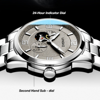 Montre mécanique automatique à cœur ouvert, affichage 24 heures, petite seconde, bracelet en acier inoxydable, montre-bracelet pour homme