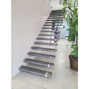中国制造商扶手现代隐藏式金属纵梁楼梯，带橡木防滑胎面室内浮动楼梯