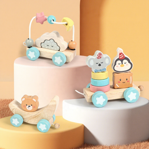 Tren de juguete de <span class=keywords><strong>madera</strong></span> para niños pequeños, juego de tren de arrastre apilable de 3 vagones con anillos de apilamiento, bloques de formas y laberinto de cuentas - Product Image 4