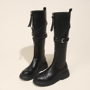 women knee high <b>boots</b> chunky platform sole round toe side zipper cross strap buckle design fashion casual <b>boots</b> for autumn - Product Image 1