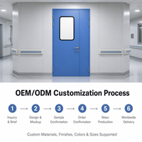 Porte de chambre d'hôpital en acier à grain de bois, battante, avec cadre noir et fenêtre de visualisation, pour usage en bloc opératoire, clinique ou salle de patient.