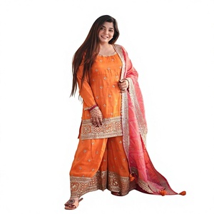 Traje Palazzo de Seda Georgette Naranja OEM a Precio de Fábrica, Ropa Étnica Tradicional India, Traje Salwar Kameez Bordado a Mano - Product Image 1