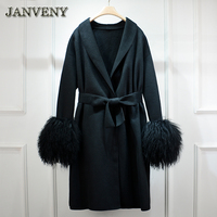 JANVENY 2024 haut de gamme moelleux mongol fourrure poignets couture Double face cachemire veste femmes costume col ceintures laine Trench manteau
