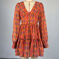 Robe décontractée élégante pour femme, mini, à manches longues, col en V profond, motif floral abricot, avec garniture, vente en gros pour fabricants de vêtements