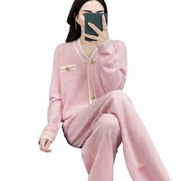 Ensemble de pull en cachemire rose pour femmes, cardigan à col en V avec boutons et pantalon large, tenue décontractée d'automne
