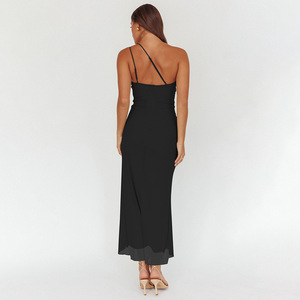 Robe de soirée longue asymétrique plissée à une épaule avec fente, dos nu, taille naturelle, en tissu respirant - Product Image 4