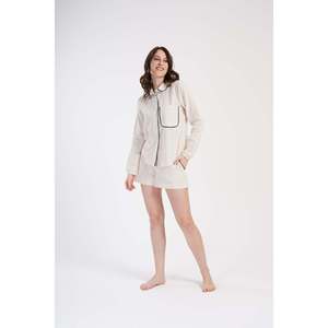 Chemise en lin pour femme, col entièrement boutonné, manches longues, poches, ensemble court - Crème - Crème - Product Image 5